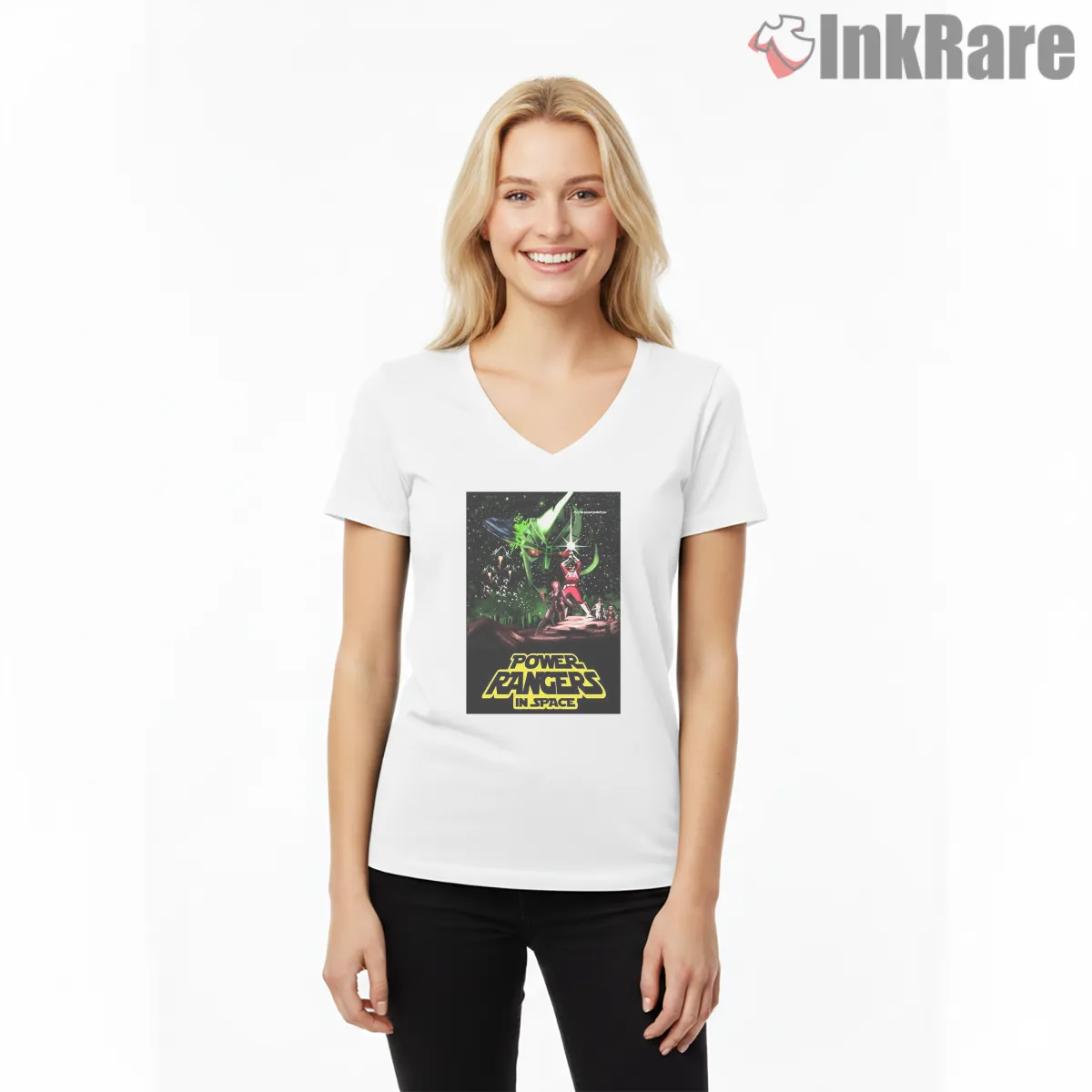 Power Rangers Cosmic Battle Space Poster V Neck White Power Rangers Cosmic Battle Space Poster Shirt on white v-neck shirt for women graphic tee