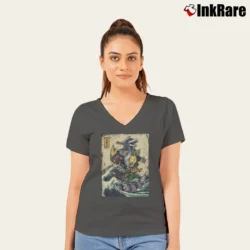 Women’s Power Rangers Dragonzord Graphic V-Neck Tee in charcoal | Chic Neckline, Soft Texture