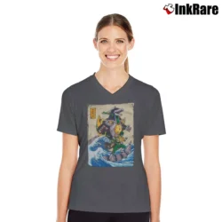 Women’s Power Rangers Dragonzord Wave Graphic V-Neck Tee in charcoal | Chic Neckline, Soft Texture
