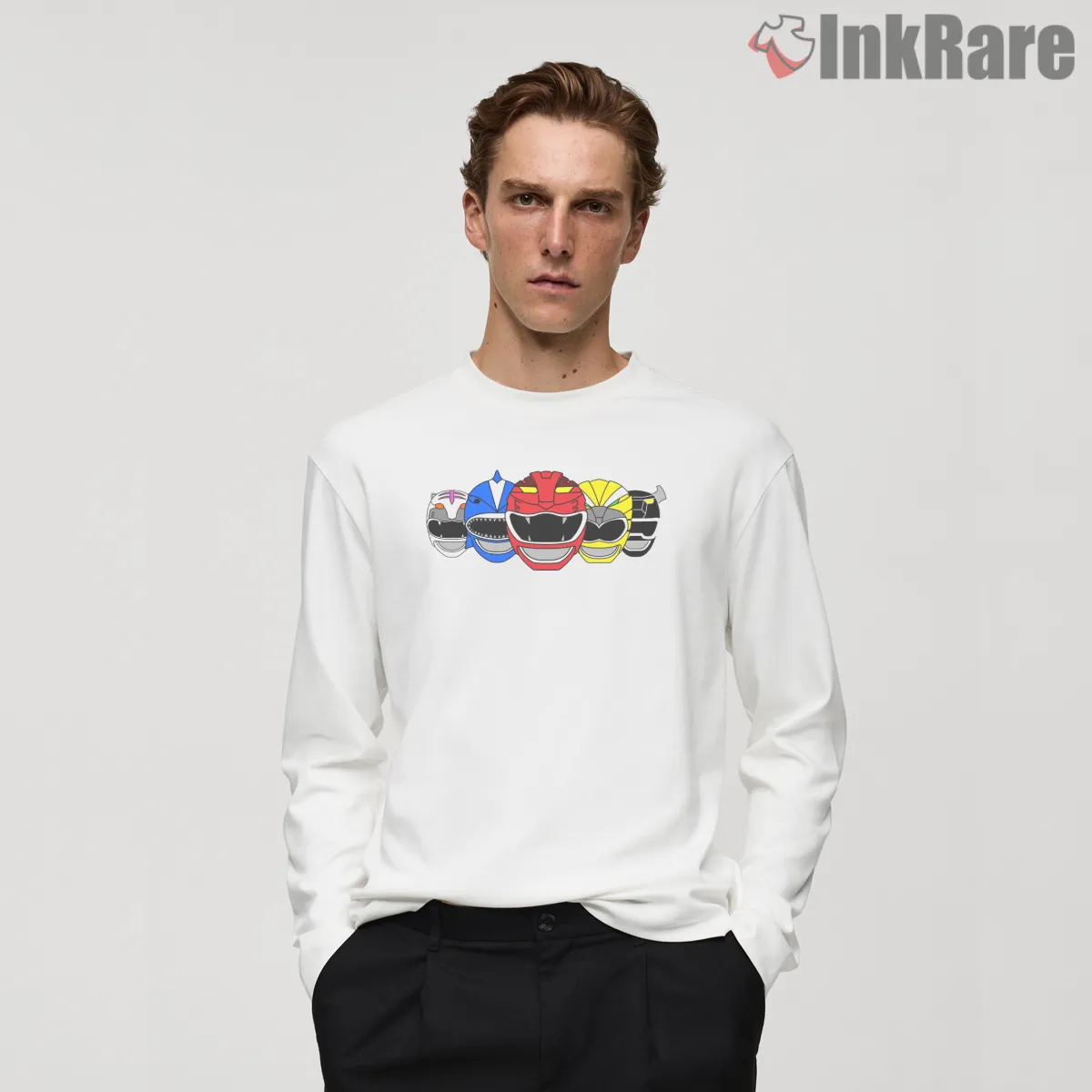 Power Rangers Helmet Lineup Classic Team Shirt on white long sleeve shirt for men graphic tee