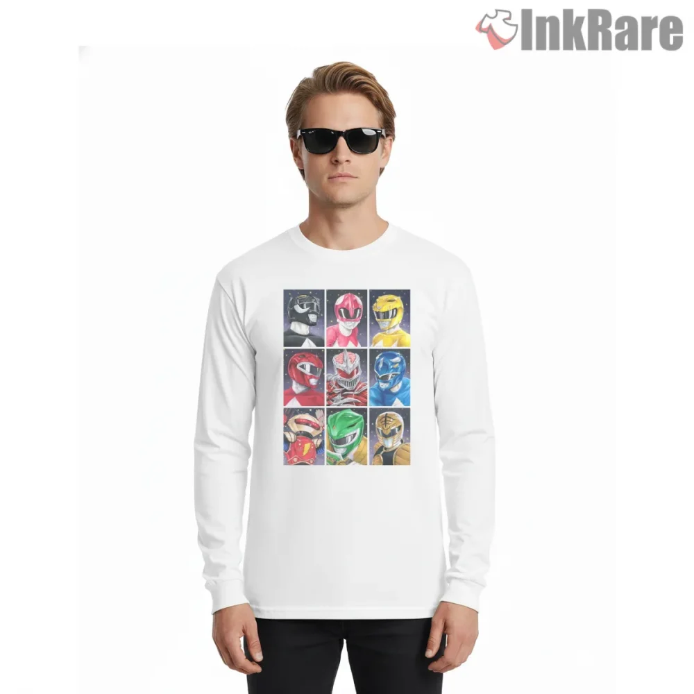 Power Rangers Helmet Portrait Grid Shirt on white long sleeve shirt for men graphic tee