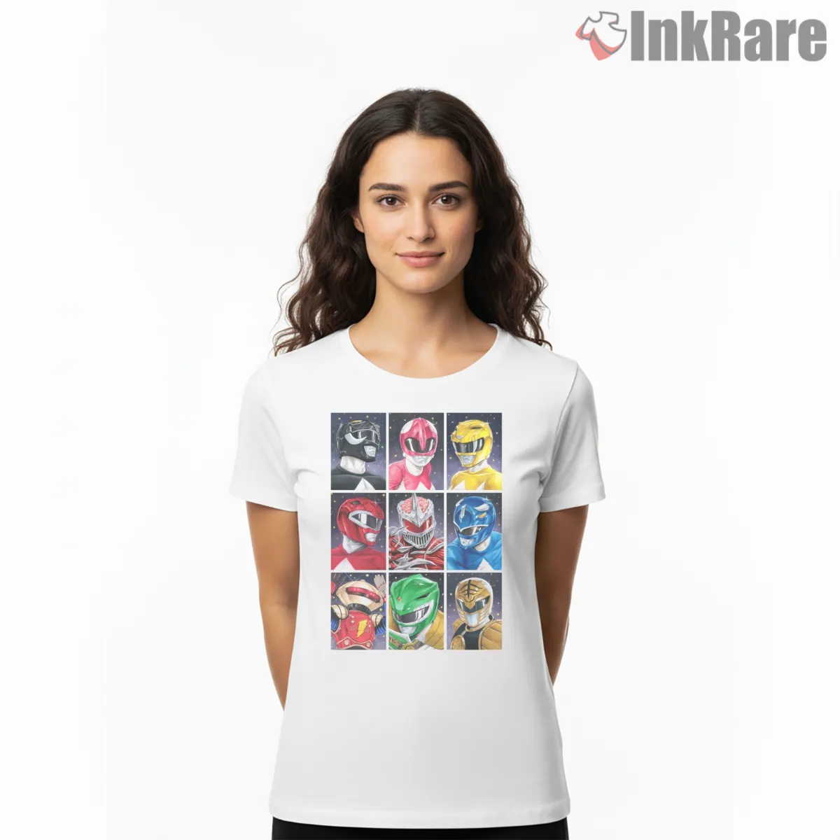 Power Rangers Helmet Portrait Grid Short Sleeve White Power Rangers Helmet Portrait Grid Shirt on white short sleeve shirt for women graphic tee