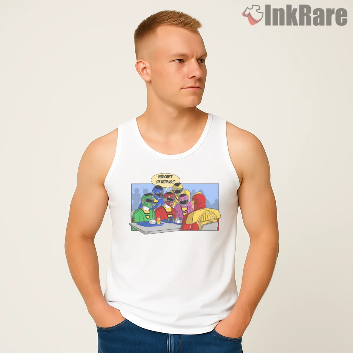 Power Rangers Lunch Table Parody Tank Top White Power Rangers Lunch Table Parody Shirt on white tank top for men graphic tee