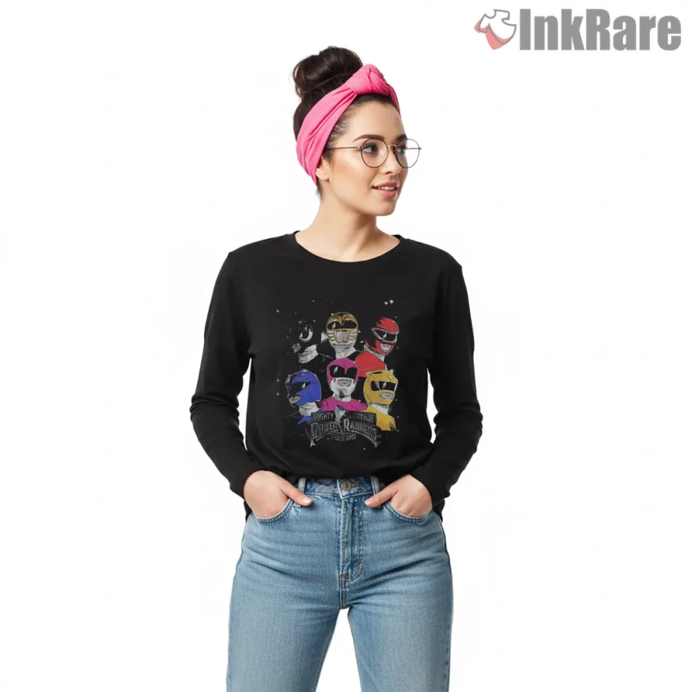 Power Rangers Movie Team Space Adventure Shirt on black long sleeve shirt for women graphic tee