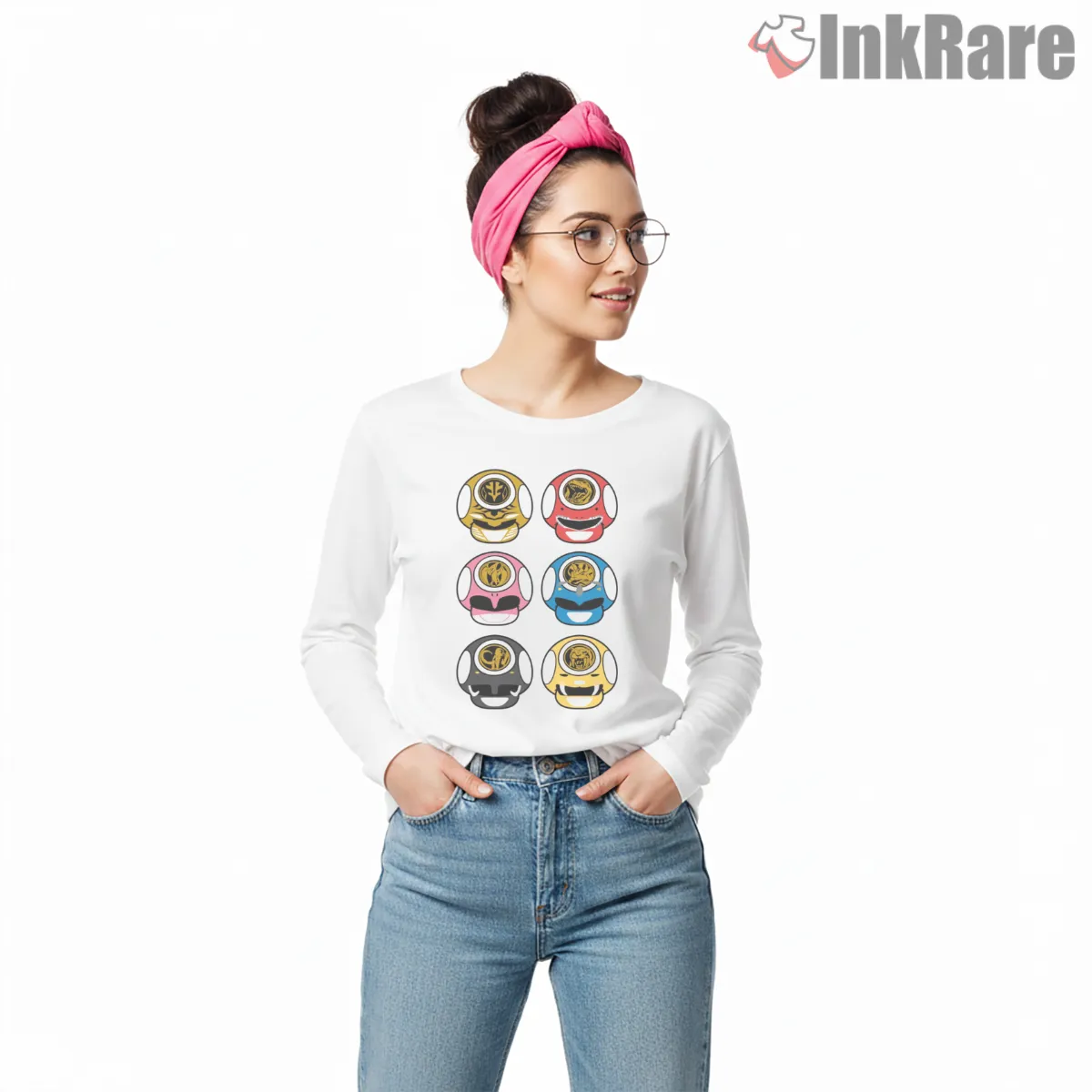 Power Rangers Mushroom Helmet Parody Long Sleeve White Power Rangers Mushroom Helmet Parody Shirt on white long sleeve shirt for women graphic tee