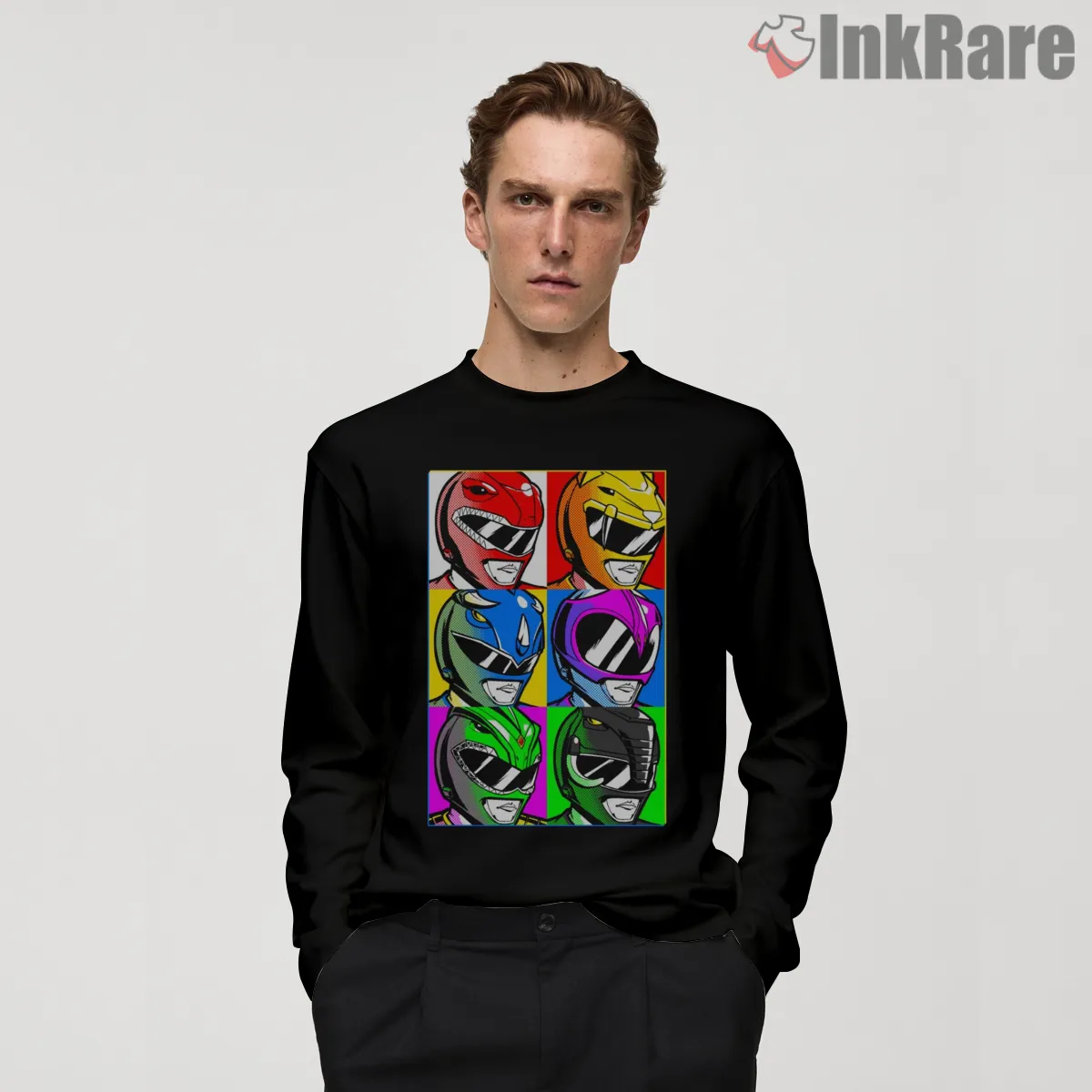 Power Rangers Pop Art Helmet Grid Long Sleeve Black Power Rangers Pop Art Helmet Grid Shirt on black long sleeve shirt for men graphic tee