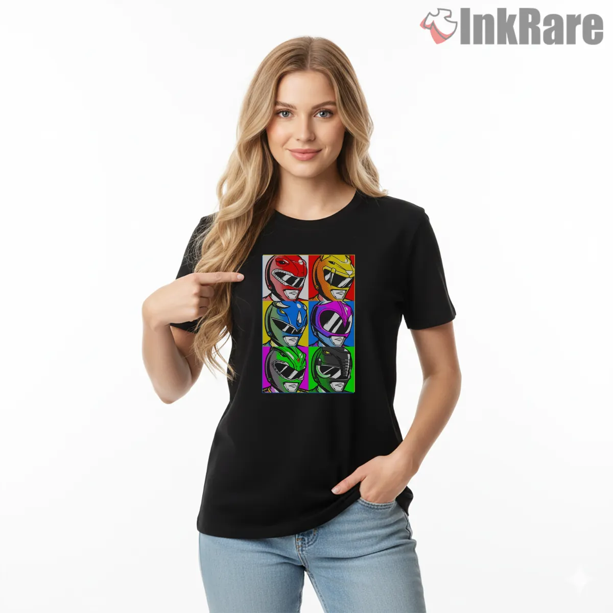 Power Rangers Pop Art Helmet Grid Short Sleeve Black Power Rangers Pop Art Helmet Grid Shirt on black short sleeve shirt for women graphic tee