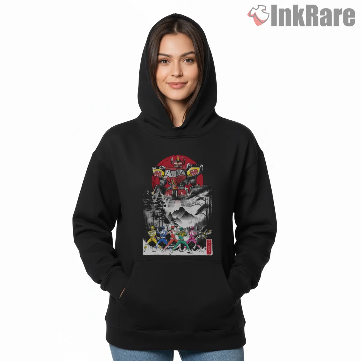Power Rangers Samurai Ink Battle Scene Shirt on black hoodie for women graphic tee