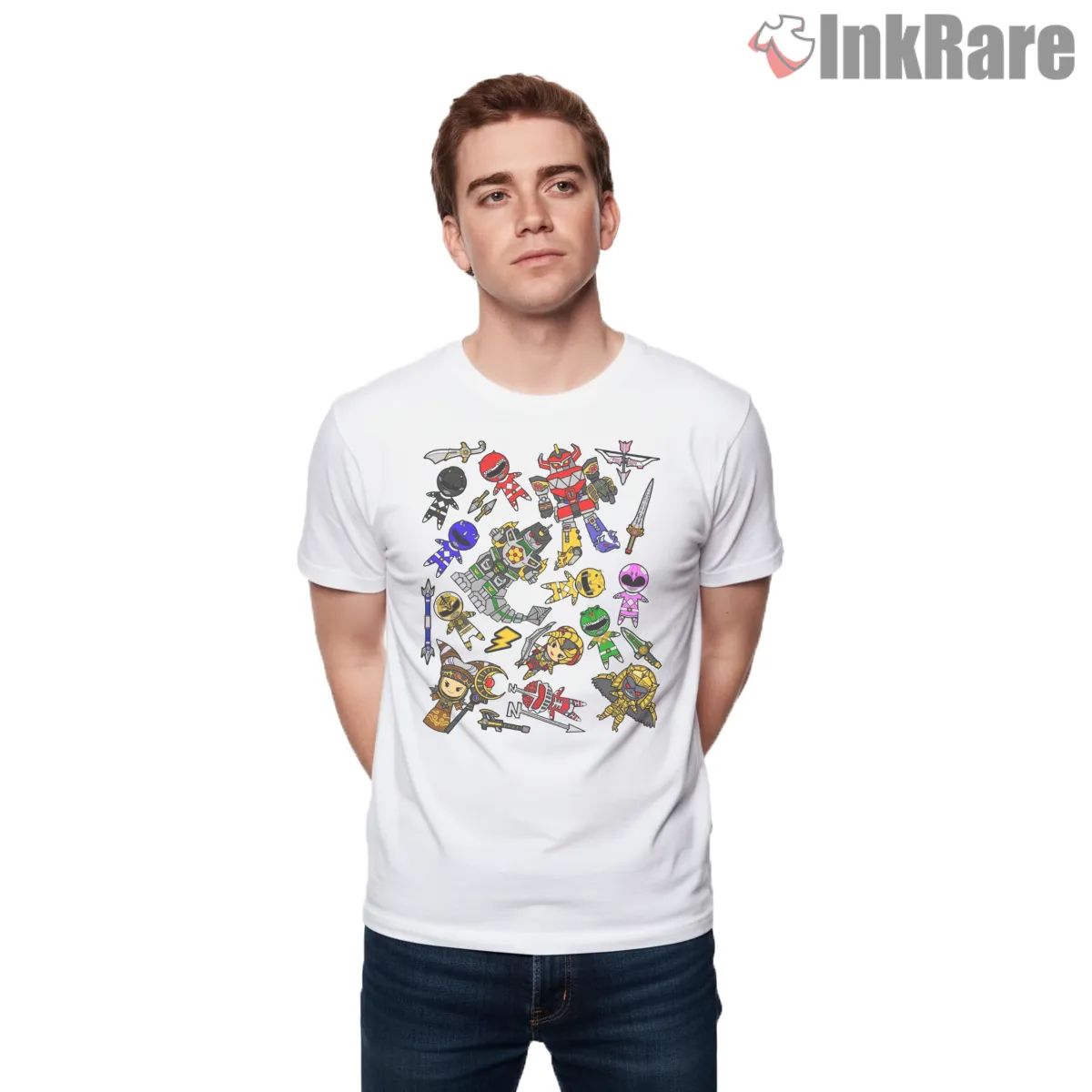 Power Rangers Sticker Collage Adventure Shirt on white short sleeve shirt for men graphic tee