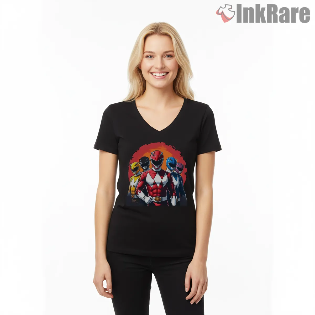 Power Rangers Team Hero Portrait Battle Shirt on black v-neck shirt for women graphic tee