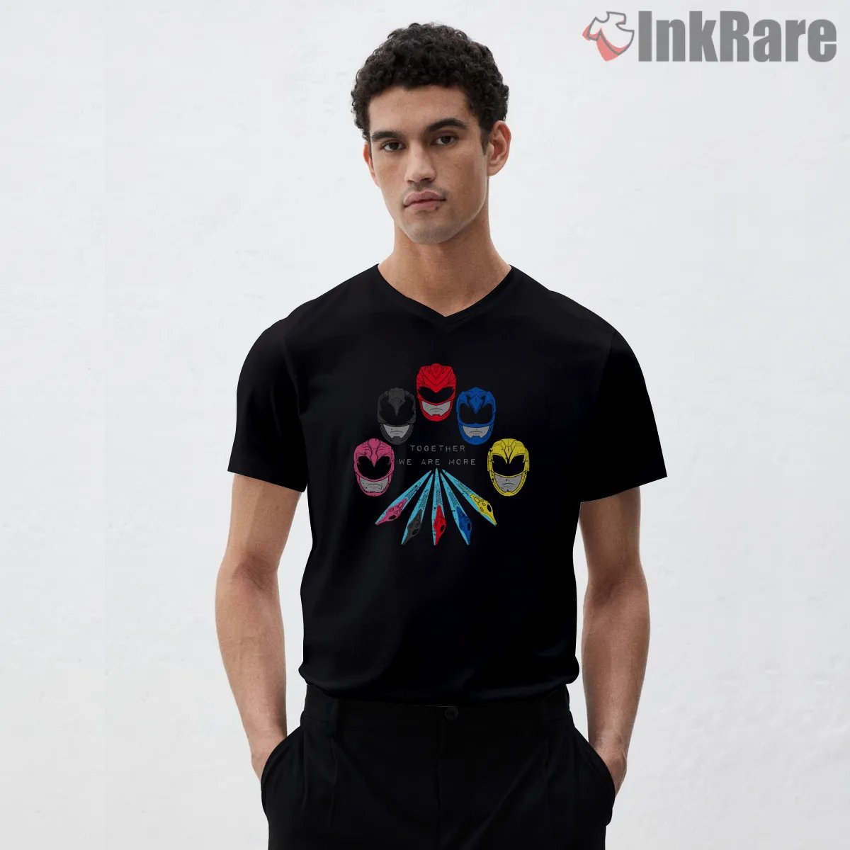 Power Rangers United Weapons Symbol V Neck Black Power Rangers United Weapons Symbol Shirt on black v-neck shirt for men graphic tee