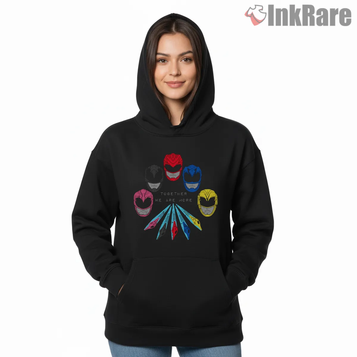 Power Rangers United Weapons Symbol Hoodie Black Power Rangers United Weapons Symbol Shirt on black hoodie for women graphic tee