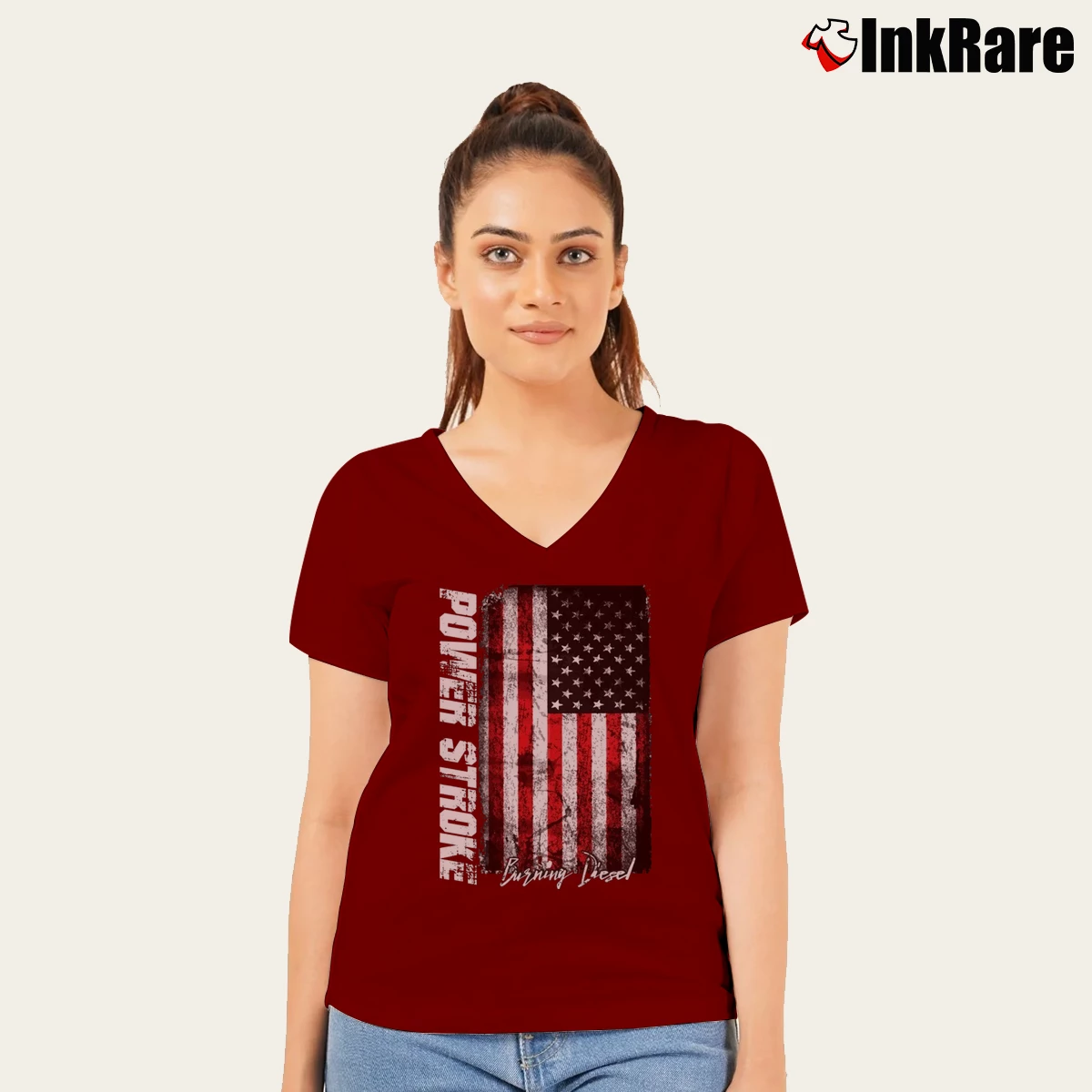 Women’s Power Stroke Burning Diesel Graphic V-Neck Tee in maroon | Chic Neckline, Soft Texture