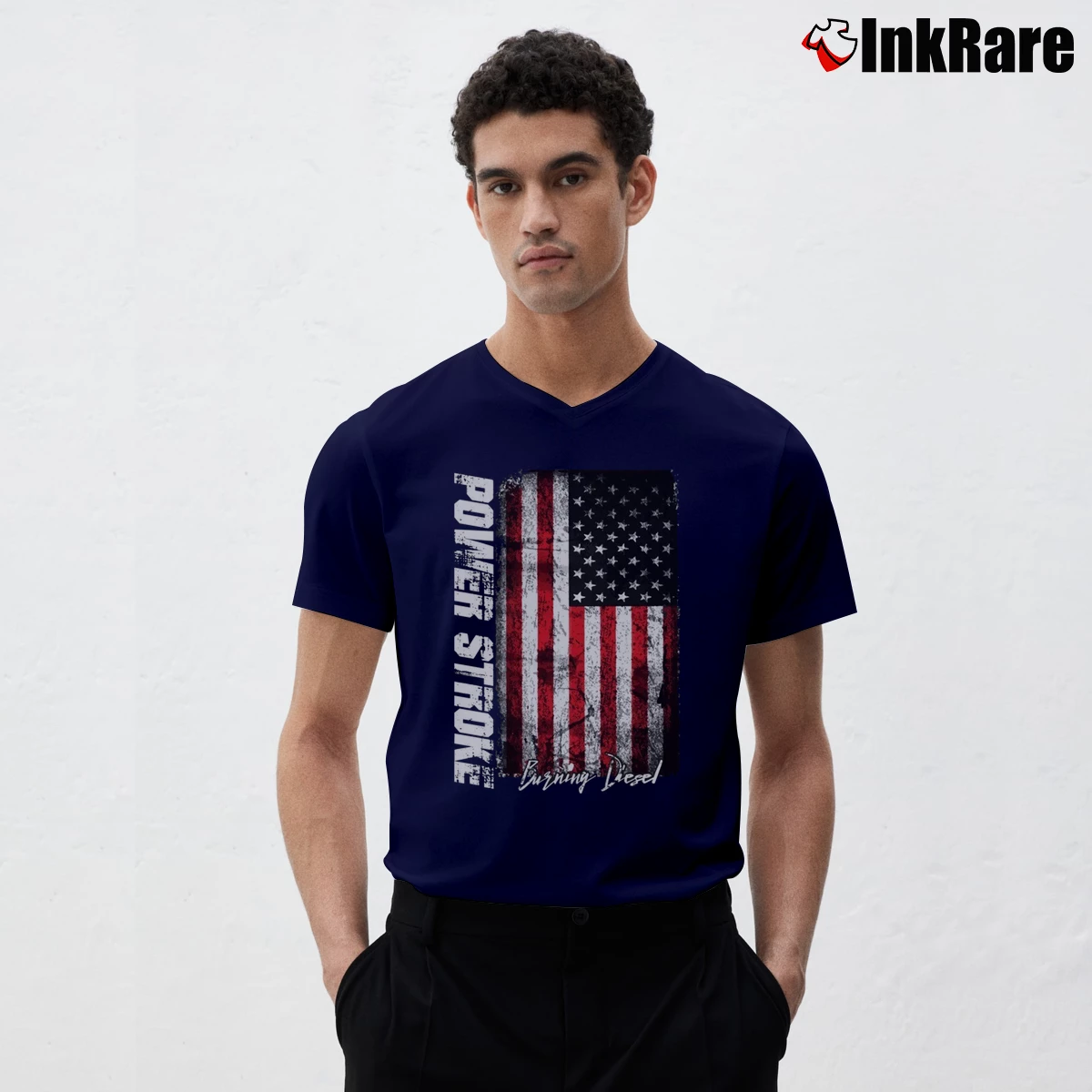Men’s Power Stroke Burning Diesel Graphic V-Neck Tee in navy | Sharp, Breathable, Everyday Staple