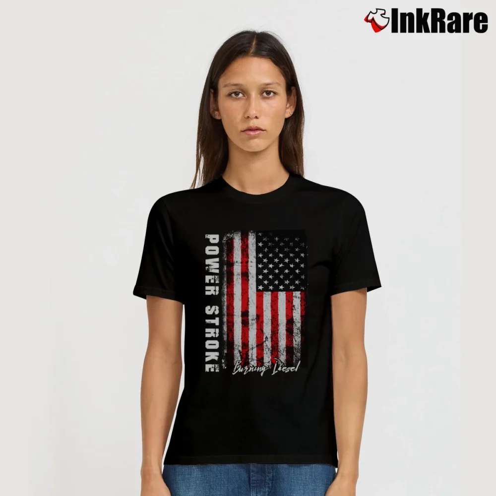 Women’s Powerstroke Usa Burning Diesel Flag Signature T-Shirt in black | Soft, Flattering Fit