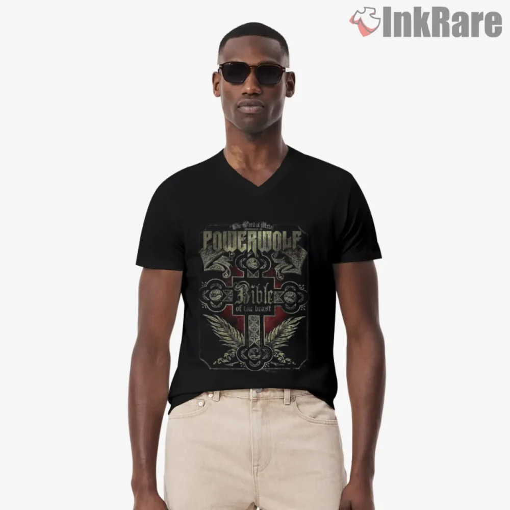 Powerwolf Bible Of The Beast Album Cover Shirt on black V neck with cathedral cross artwork