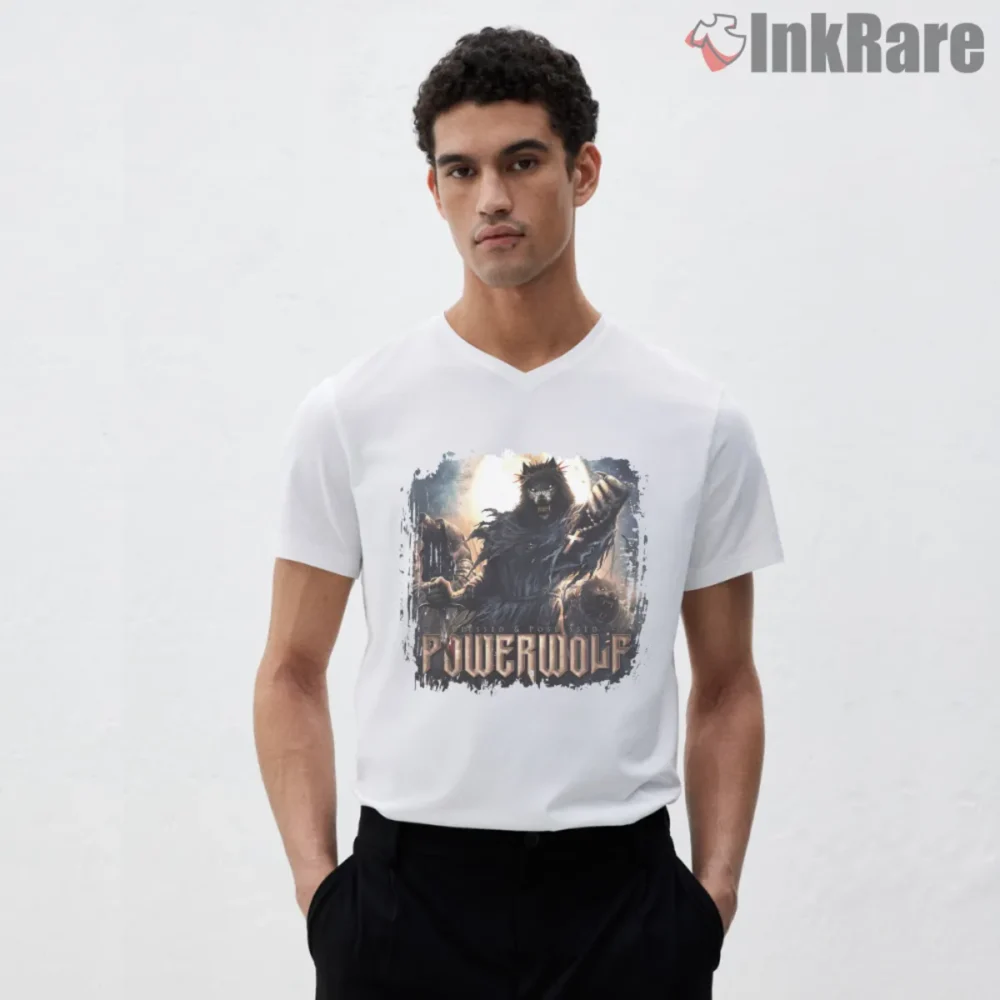 Powerwolf Blessed And Possessed Album Cover Shirt on white V neck with werewolf priest artwork