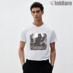 Powerwolf Blessed And Possessed Album Cover Shirt on white V neck with werewolf priest artwork