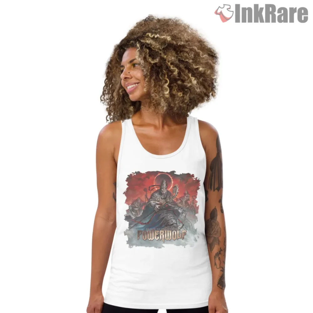 Powerwolf Blood Of The Saints album cover on white tank top