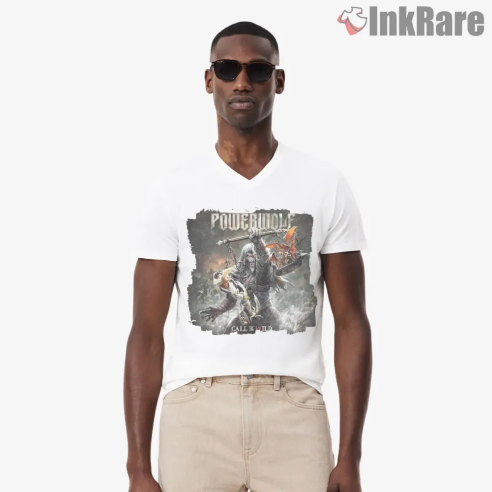 Powerwolf Lupus Dei Album Cover Shirt on white V neck with dramatic warrior artwork