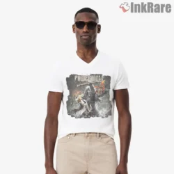 Powerwolf Lupus Dei Album Cover Shirt on white V neck with dramatic warrior artwork