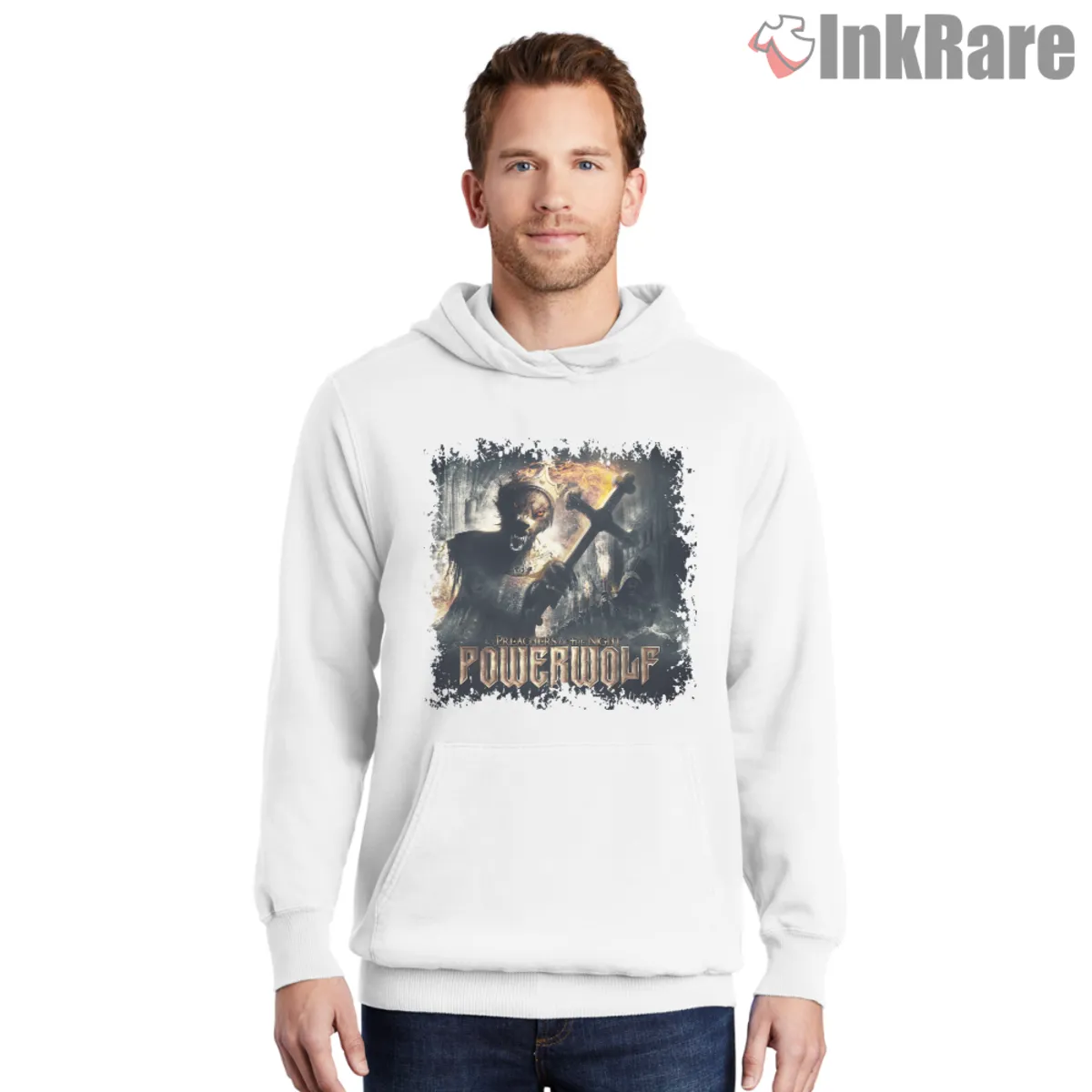 White hoodie featuring Powerwolf Preachers Of The Night graphic