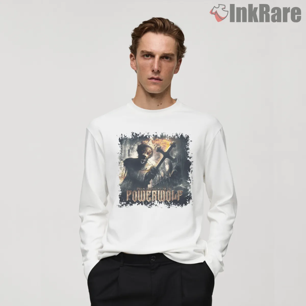 Preachers Of The Night Long Sleeve White Long sleeve shirt with dramatic Powerwolf album artwork