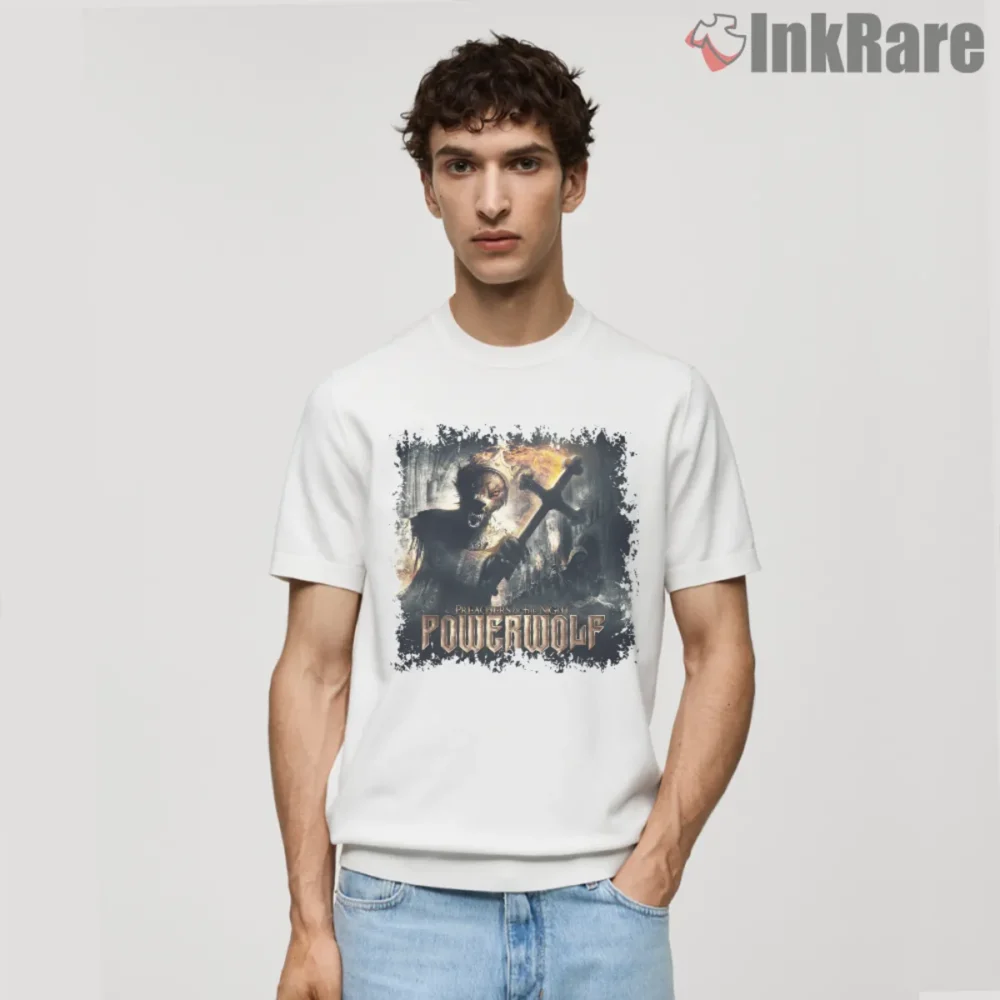 Powerwolf Preachers Of The Night Shirt on white short sleeve with fiery gothic artwork