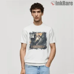 Powerwolf Preachers Of The Night Shirt on white short sleeve with fiery gothic artwork