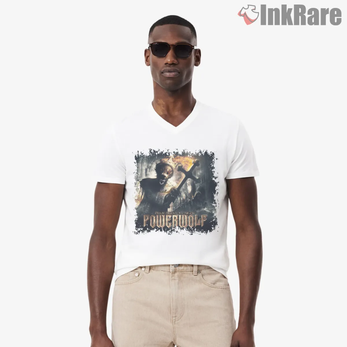 Preachers Of The Night V Neck White V neck tee with gothic cross and flames illustration