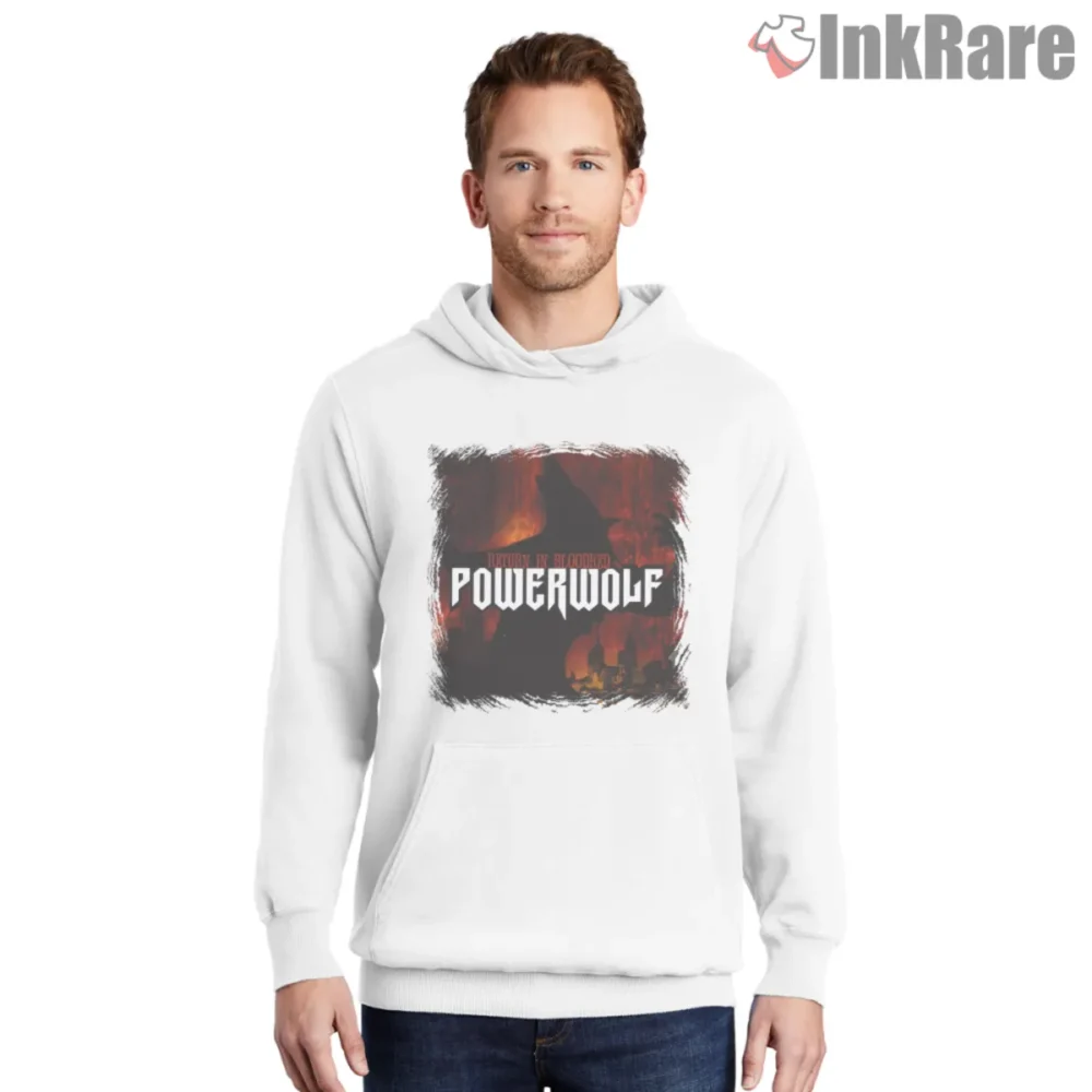 Powerwolf Return In Bloodre Shirt on white hoodie with red skyline and wolf silhouette