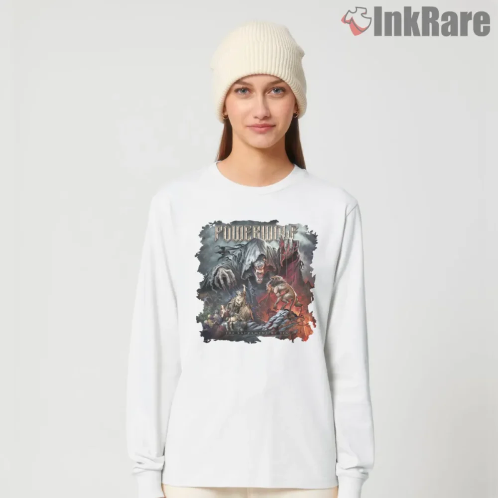 Powerwolf The Sacrament Of Sin shirt on white long sleeve with dramatic cover art