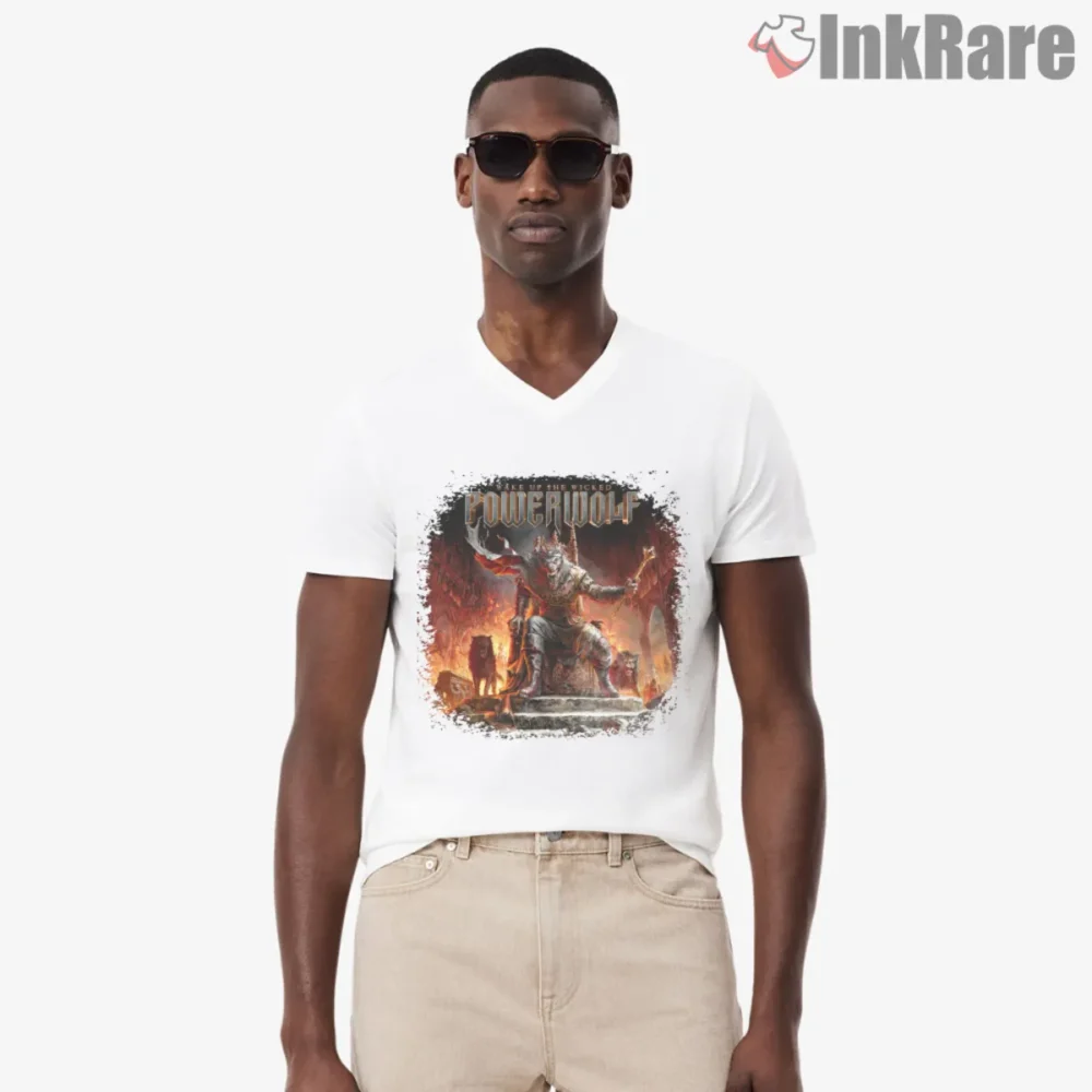 Powerwolf Wake Up The Wicked Shirt on white V neck with fiery throne artwork