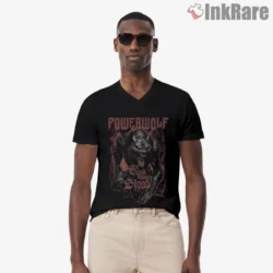 Powerwolf We Drink Your Blood Shirt on black V neck with fierce werewolf artwork