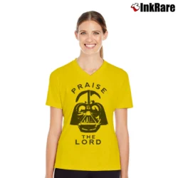Women’s Praise The Lord Darth Vader Star Wars Parody V-Neck Tee in yellow | Chic Neckline, Soft Texture