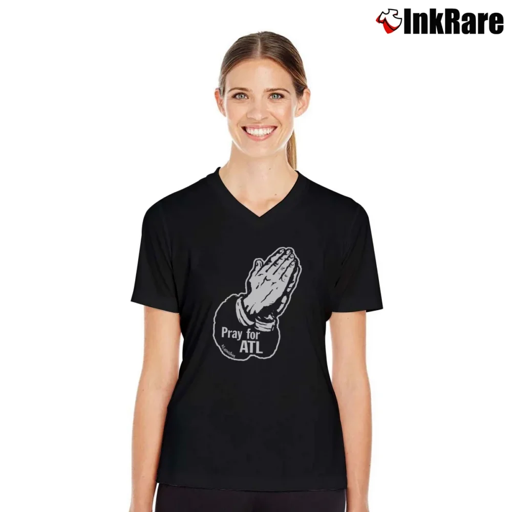 Women’s Pray For Atl Navy Faith V-Neck Tee in black | Chic Neckline, Soft Texture