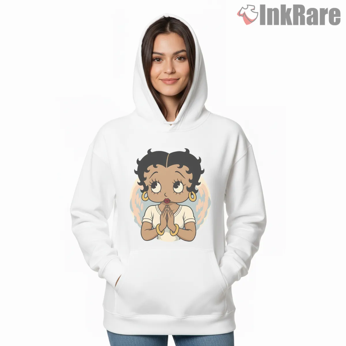 Praying Betty Boop African American Angel Shirt on white hoodie for women graphic tee