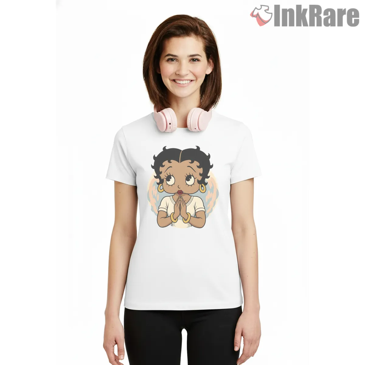 Praying Betty Boop African American Angel Short Sleeve White Praying Betty Boop African American Angel Shirt on white short sleeve shirt for women graphic tee