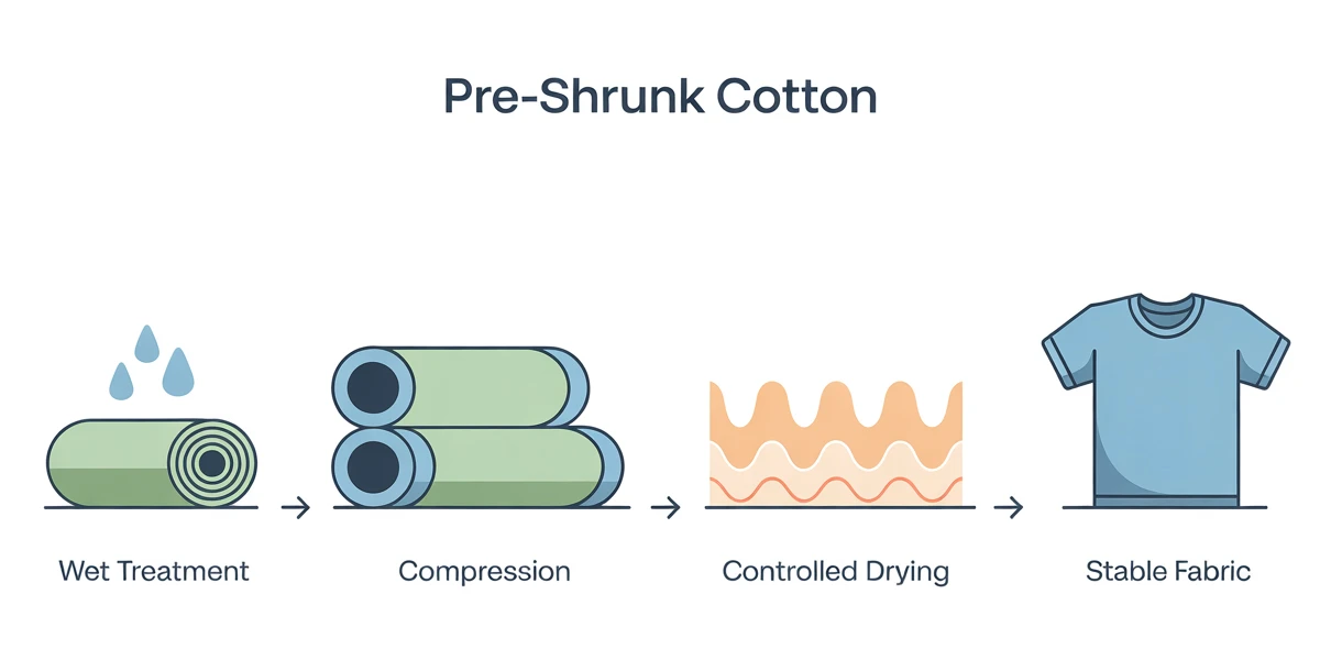 infographic showing the pre shrunk cotton process from wet treatment and compression to controlled drying and a stable T shirt fabric