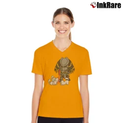 Women’s Predator Cat Laser Sight Graphic V-Neck Tee in orange | Chic Neckline, Soft Texture