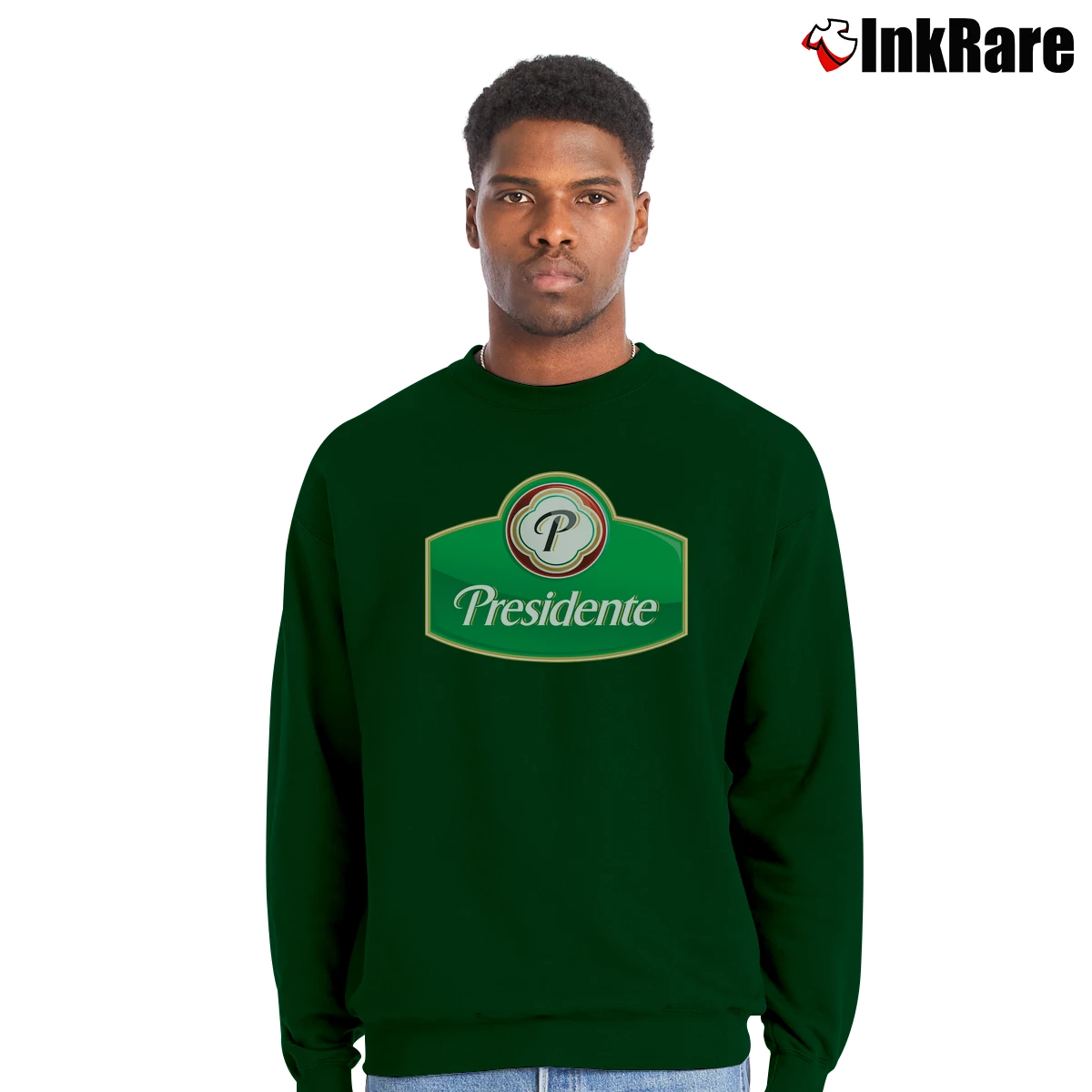Men’s Presidente Caribbean Beer Funny Crewneck Sweatshirt in forest green | Cozy Fabric, Clean Style