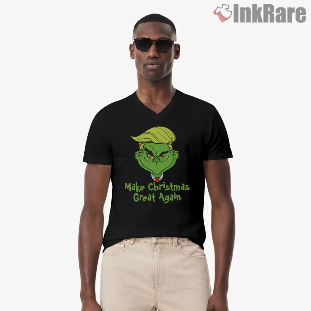 Presidential Make Christmas Great Again Grinch Parody Shirt on black v-neck shirt for men graphic tee