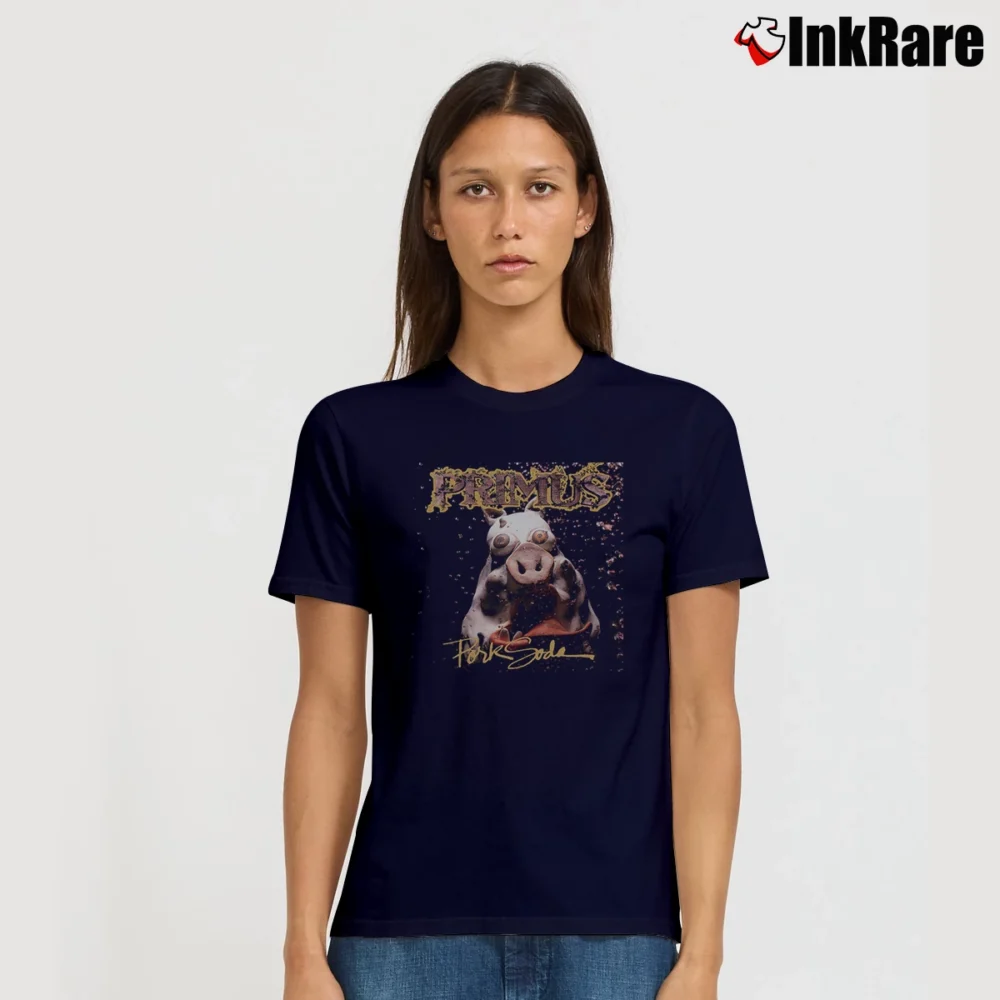 Women’s Primus Pork Soda 1993 Album Cover Signature T-Shirt in navy | Soft, Flattering Fit