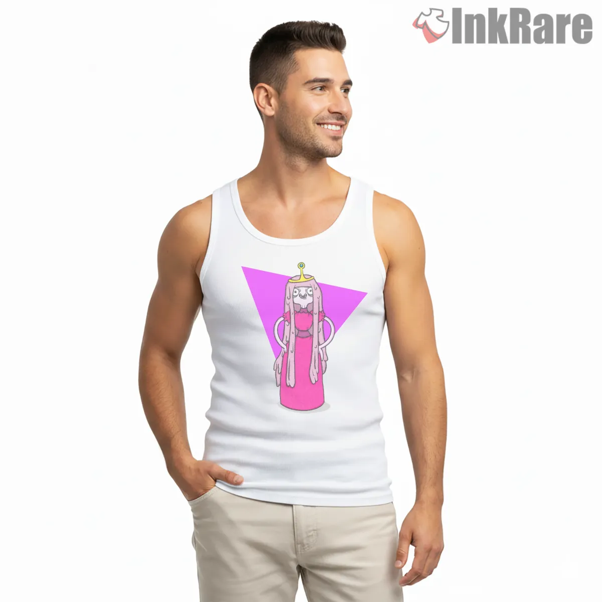 Princess Bubblegum 80s Neon Triangle Retro Tank Top White Princess Bubblegum 80s Neon Triangle Retro Shirt on white tank top for men graphic tee