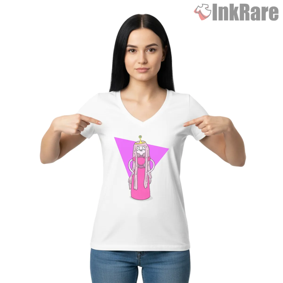 Princess Bubblegum 80s Neon Triangle Retro V Neck White Princess Bubblegum 80s Neon Triangle Retro Shirt on white v-neck shirt for women graphic tee