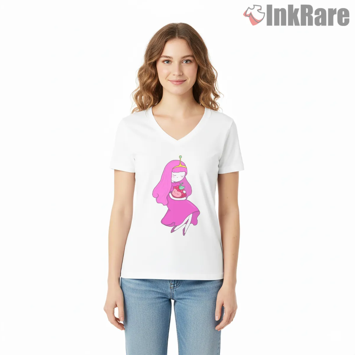 Princess Bubblegum And Wildberry Cute Duo Cartoon V Neck White Princess Bubblegum And Wildberry Cute Duo Cartoon Shirt on white v-neck shirt for women graphic tee