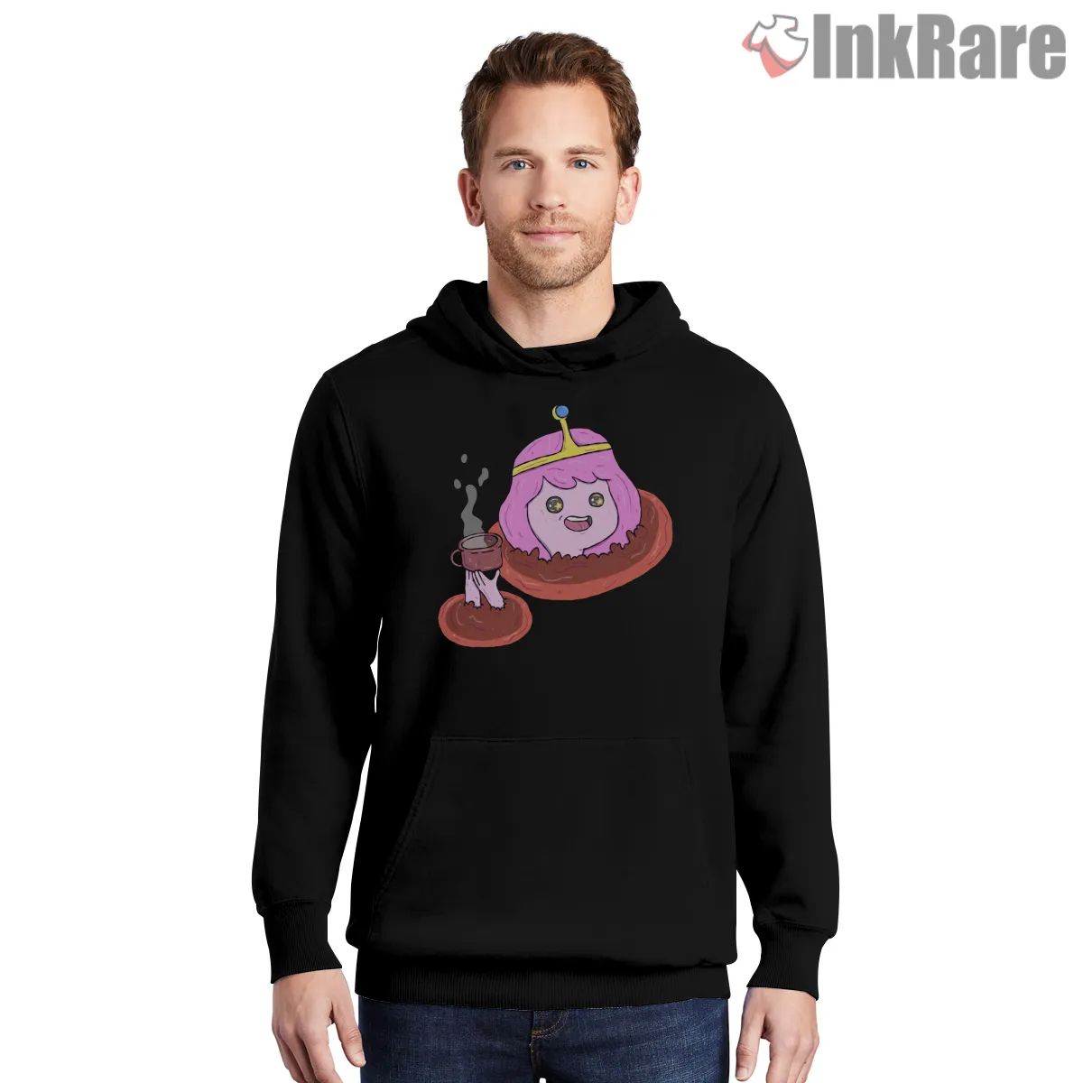 Princess Bubblegum Chamomile Tea Cozy Cartoon Hoodie Black Princess Bubblegum Chamomile Tea Cozy Cartoon Shirt on black hoodie for men graphic tee