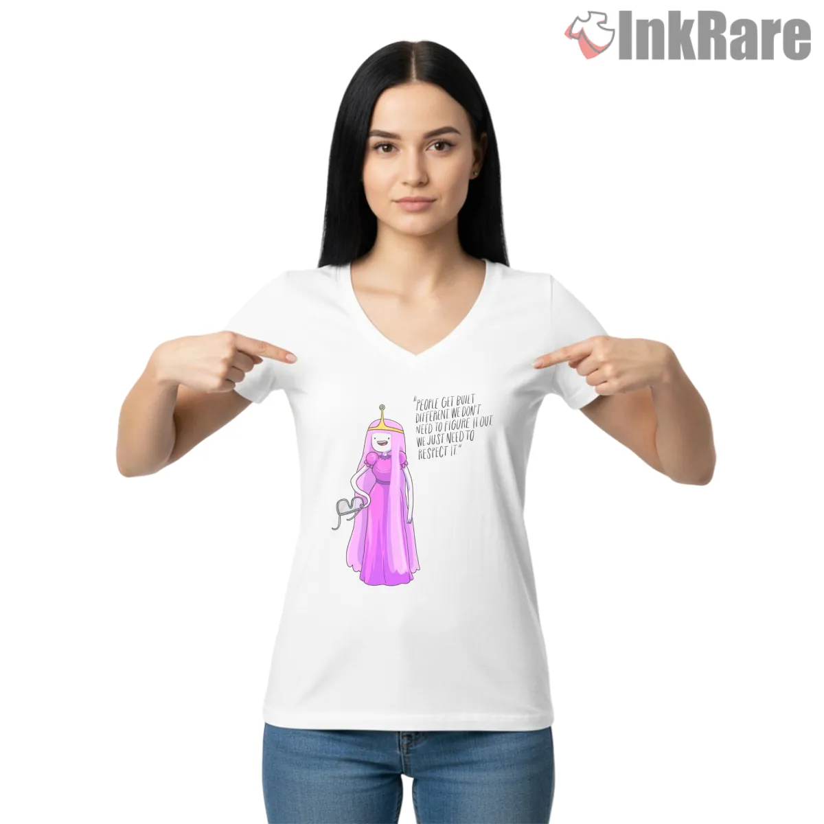 Princess Bubblegum Positive Message Minimal Cartoon V Neck White Princess Bubblegum Positive Message Minimal Cartoon Shirt on white v-neck shirt for women graphic tee
