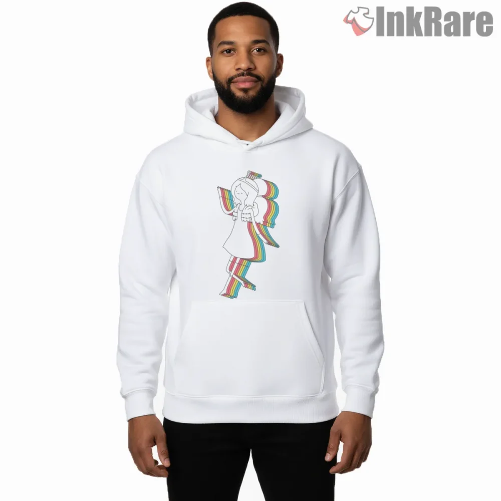 Princess Bubblegum Rainbow Retro Outline Cartoon Shirt on white hoodie for men graphic tee