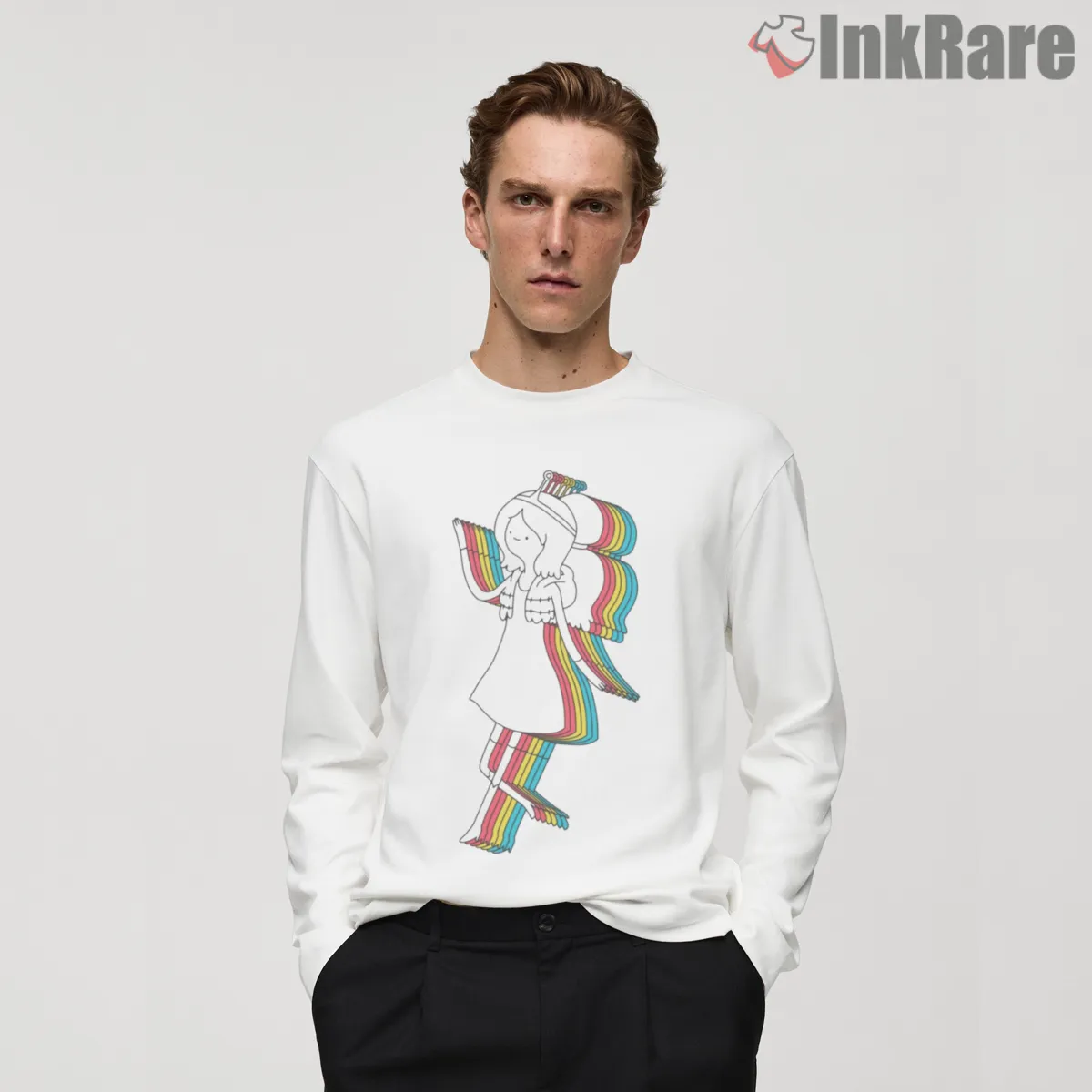 Princess Bubblegum Rainbow Retro Outline Cartoon Long Sleeve White Princess Bubblegum Rainbow Retro Outline Cartoon Shirt on white long sleeve shirt for men graphic tee